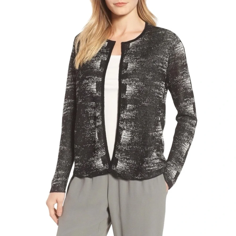 Eileen Fisher Organic Linen Crepe Knit Round Neck Cardigan size L